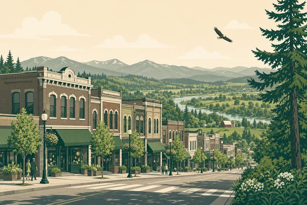 Illustration of Arlington — historic Olympic Avenue storefronts above the Stillaguamish Valley with an eagle overhead and the Cascade foothills beyond