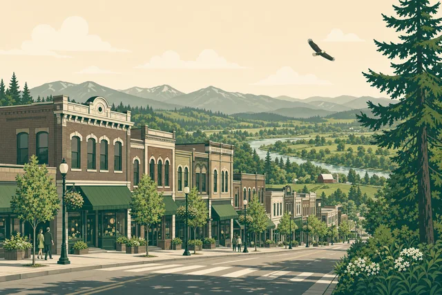 Illustration of Arlington — historic Olympic Avenue storefronts above the Stillaguamish Valley with an eagle overhead and the Cascade foothills beyond