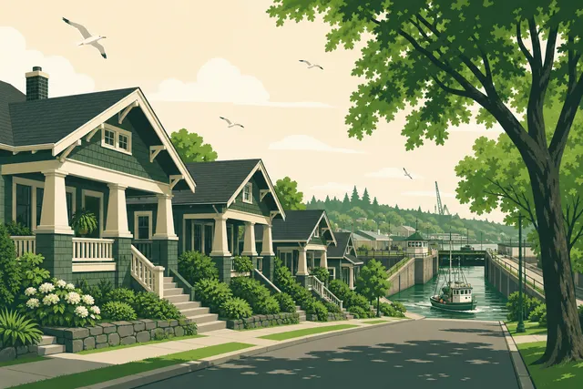 Illustration of Ballard, Seattle — Craftsman bungalows with covered porches above the ship canal locks, a fishing boat passing through