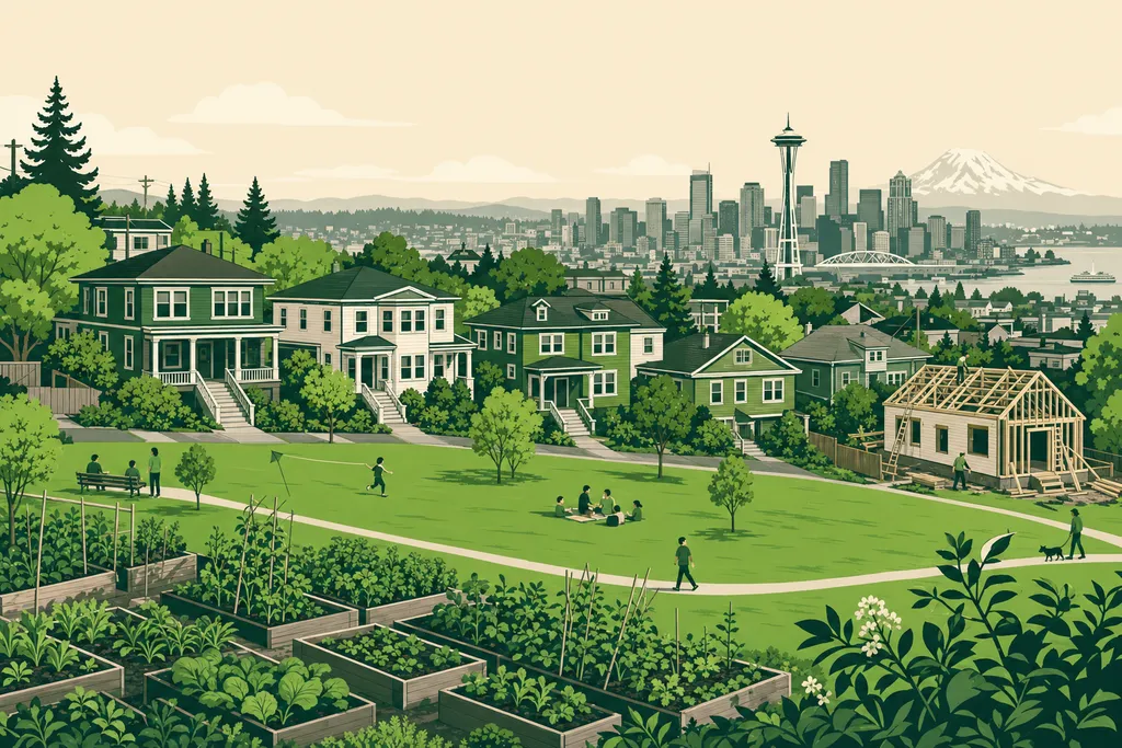 Illustration of Beacon Hill, Seattle — early-1900s box houses beside a park and community garden with the downtown skyline and Mt. Rainier