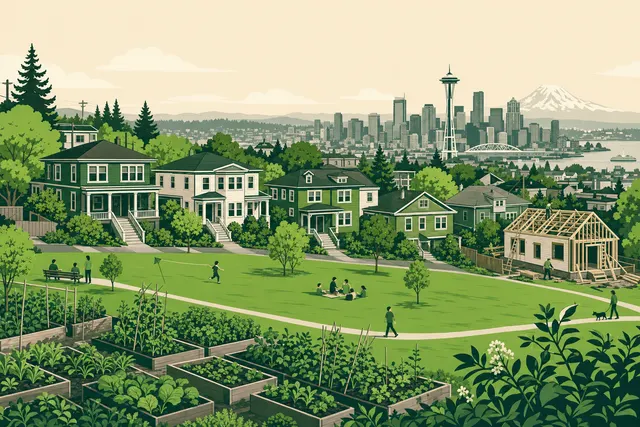 Illustration of Beacon Hill, Seattle — early-1900s box houses beside a park and community garden with the downtown skyline and Mt. Rainier