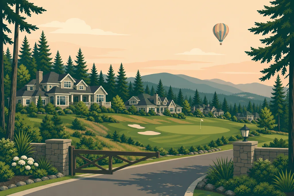 Illustration of Bear Creek Country Club, Woodinville — a gated stone entry and 1980s custom estates on a wooded fairway with a hot-air balloon over the foothills