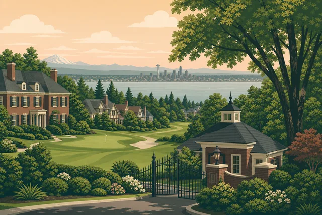 Illustration of Broadmoor, Seattle — a gatehouse and brick estate homes along the private golf course with Lake Washington, the skyline, and Mount Rainier beyond