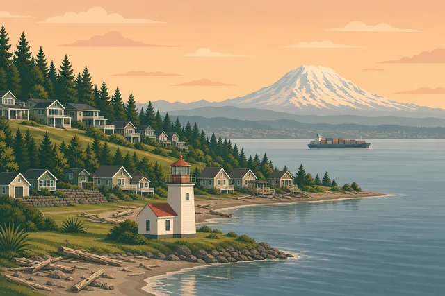 Illustration of Browns Point and Dash Point, NE Tacoma — the lighthouse on the grassy point with beach cabins and hillside view homes, Mount Rainier over Commencement Bay