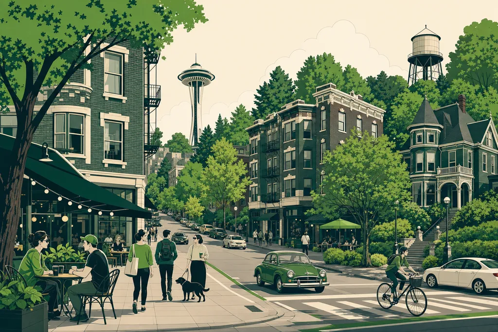 Illustration of Capitol Hill, Seattle — vintage brick apartments, a water tower, and sidewalk cafe life off Broadway