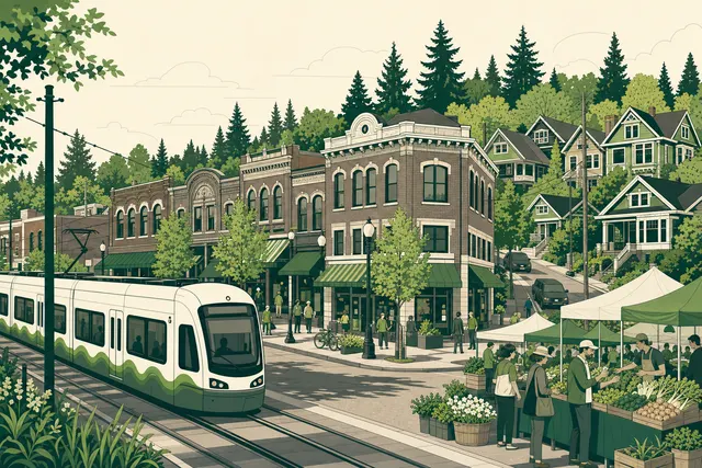 Illustration of Columbia City, Seattle — the historic brick main street with a light rail train passing and farmers market stalls