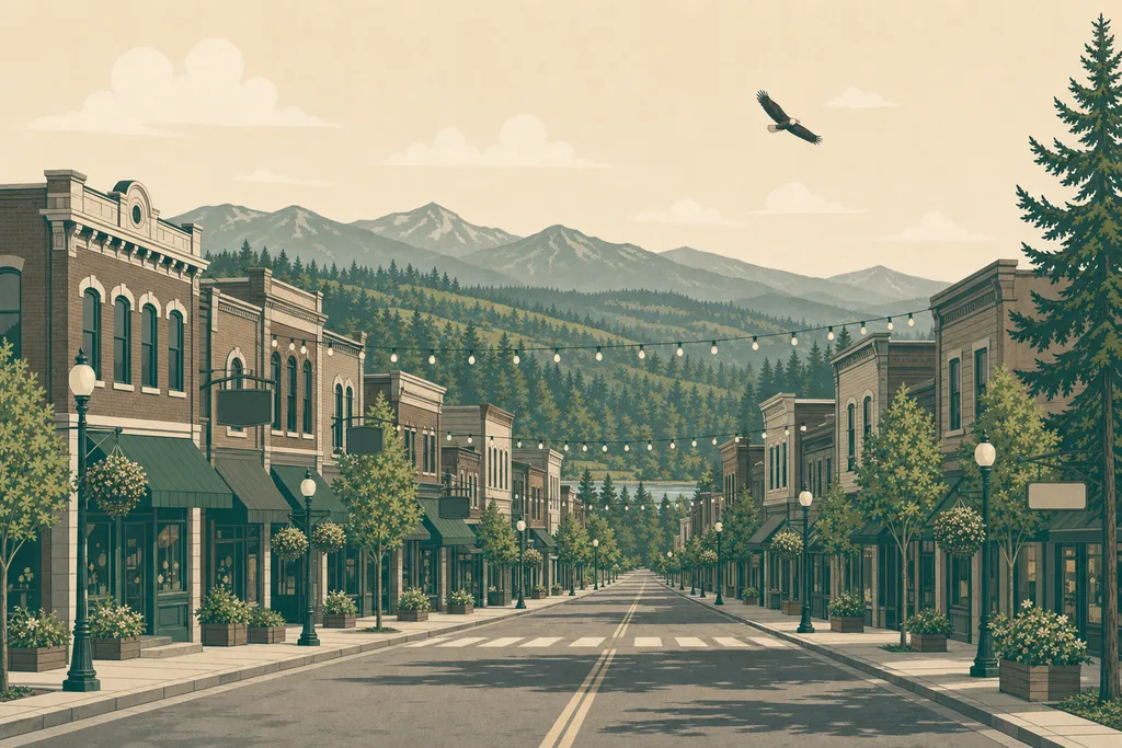 Illustration of Downtown Arlington — historic Olympic Avenue storefronts under string lights with an eagle overhead and the Stillaguamish valley closing the view