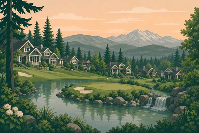 Illustration of Echo Falls, Snohomish — custom homes above the island green and its waterfall pond with the Cascades on the horizon