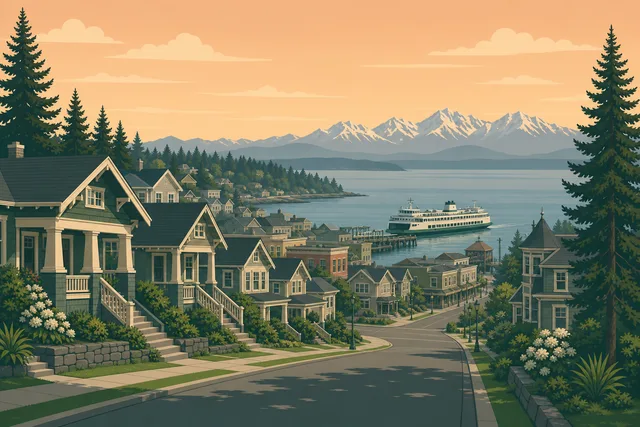 Illustration of the Edmonds Bowl — early-1900s cottages sloping down to the fishing pier and ferry dock, a state ferry arriving with the Olympics across the Sound