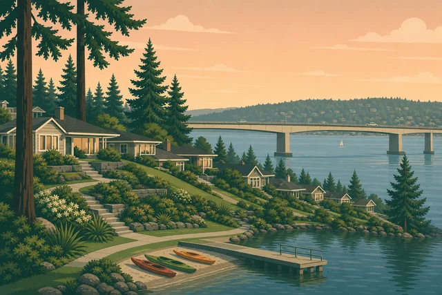 Illustration of Enatai, Bellevue — mid-century homes under tall firs above a Lake Washington beach dock, the East Channel bridge and Mercer Island beyond