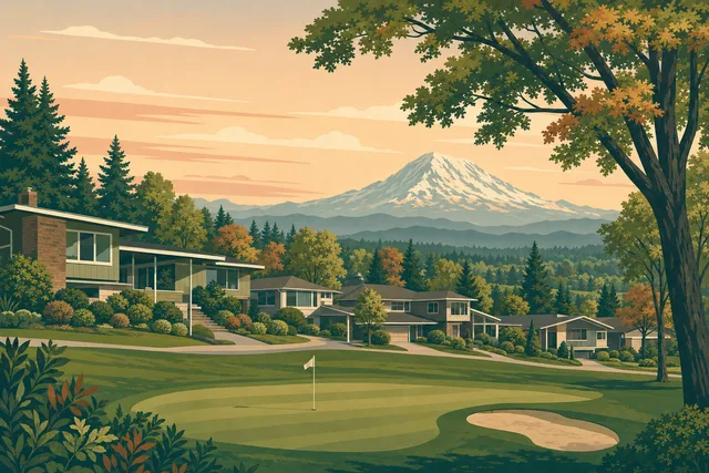 Illustration of Fairwood, Renton — 1960s–70s ramblers and split-levels around the country club fairway with Mount Rainier filling the horizon