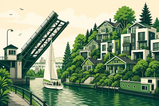 Illustration of Fremont, Seattle — a raised drawbridge over the ship canal with century-old houses and new townhomes sharing the hillside