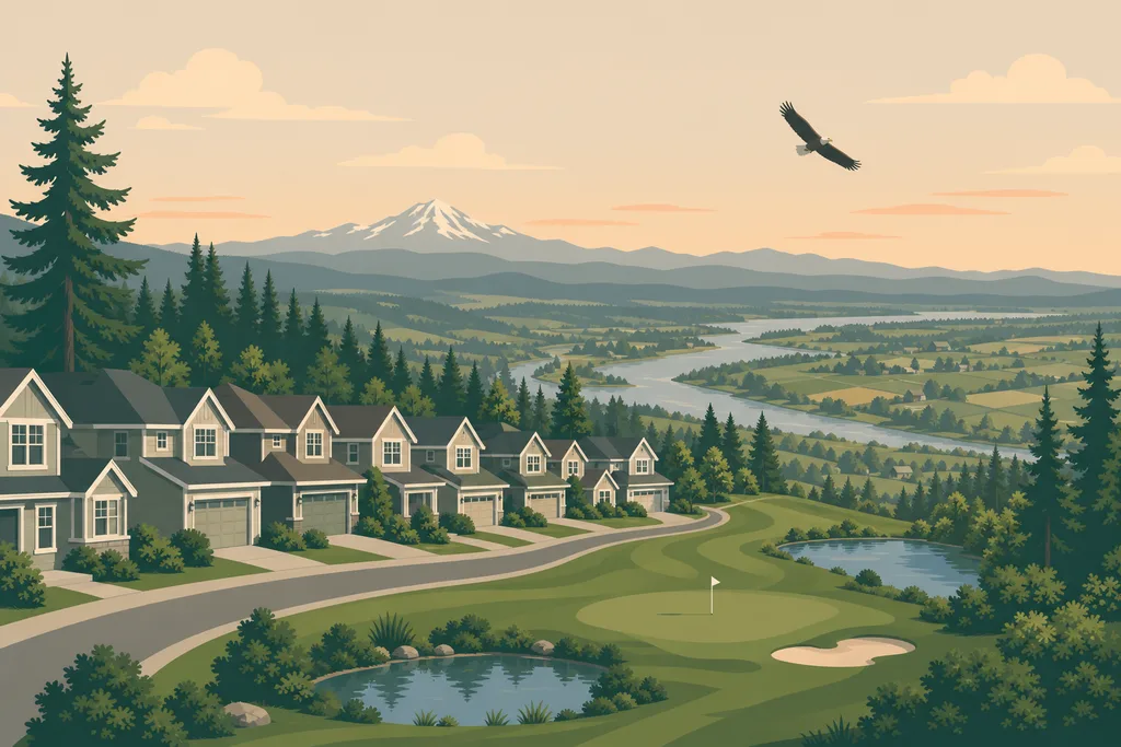 Illustration of Gleneagle, Arlington — 1990s two-story homes along the hillside fairway with the Stillaguamish Valley, an eagle, and the Cascades beyond
