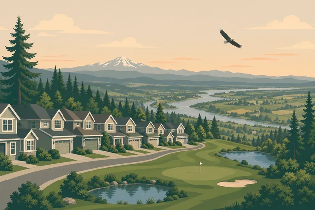 Illustration of Gleneagle, Arlington — 1990s two-story homes along the hillside fairway with the Stillaguamish Valley, an eagle, and the Cascades beyond