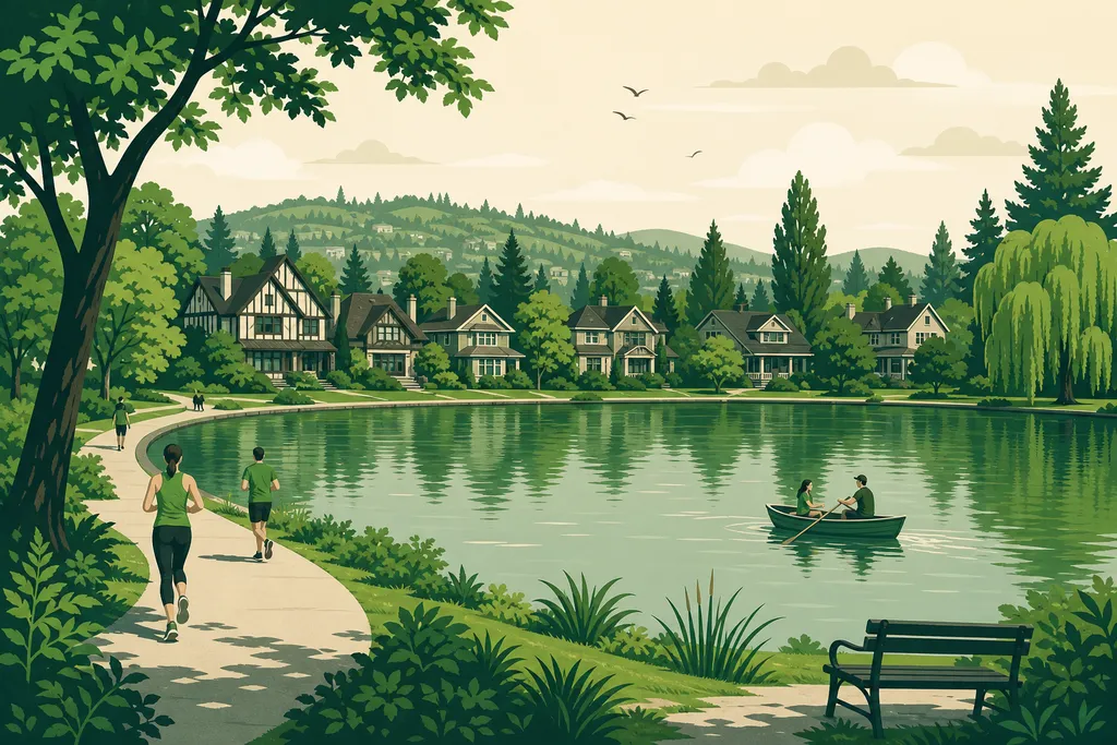 Illustration of Green Lake, Seattle — joggers on the lake loop path ringed by 1920s Tudor and Craftsman homes