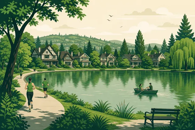 Illustration of Green Lake, Seattle — joggers on the lake loop path ringed by 1920s Tudor and Craftsman homes