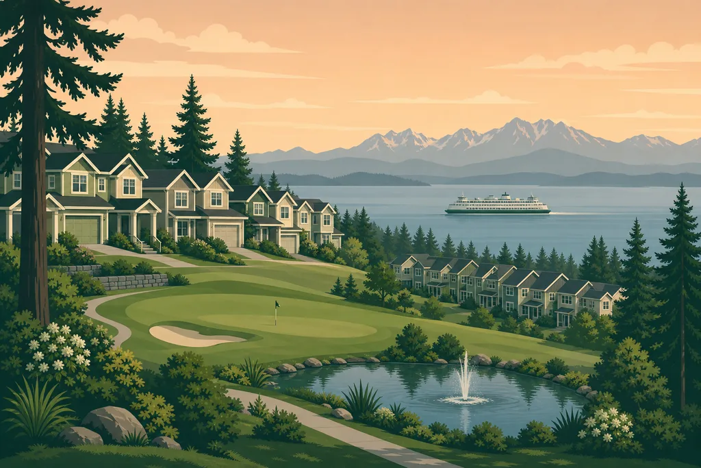 Illustration of Harbour Pointe, Mukilteo — homes and townhomes on the bluff above the fairway with a ferry crossing Puget Sound and the Olympics beyond
