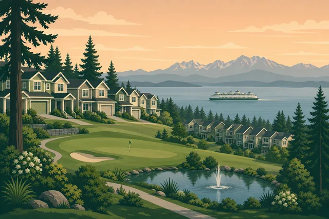 Illustration of Harbour Pointe, Mukilteo — homes and townhomes on the bluff above the fairway with a ferry crossing Puget Sound and the Olympics beyond