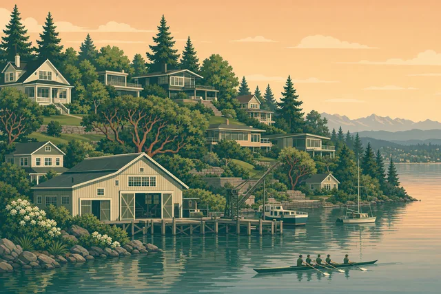 Illustration of Houghton, Kirkland — early-1900s and mid-century view homes terracing above the old shipyard-era waterfront, a rowing shell on Lake Washington