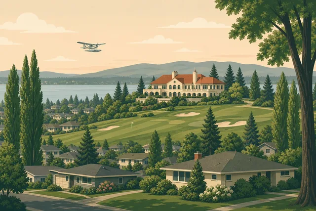 Illustration of Inglewood, Kenmore — ramblers and split-levels below the 1926 tile-roofed clubhouse with a floatplane over the north end of Lake Washington