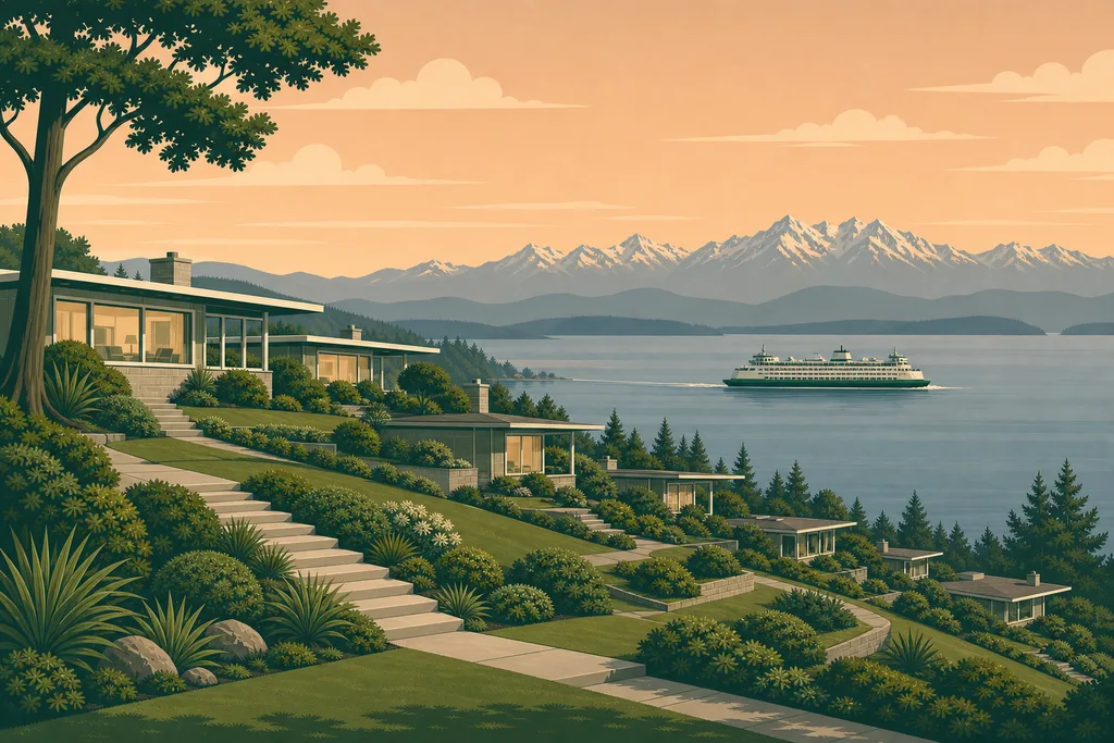 Illustration of Innis Arden, Shoreline — terraced mid-century view homes with picture windows above Puget Sound, a ferry crossing toward the Olympic Mountains