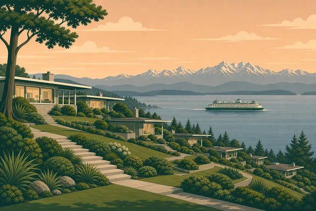 Illustration of Innis Arden, Shoreline — terraced mid-century view homes with picture windows above Puget Sound, a ferry crossing toward the Olympic Mountains