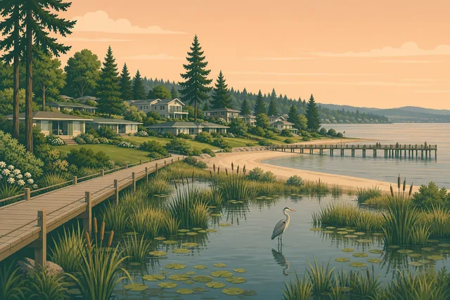 Illustration of Juanita, Kirkland — the boardwalk over Juanita Bay's marsh with a heron, the beach pier and hillside ramblers beyond