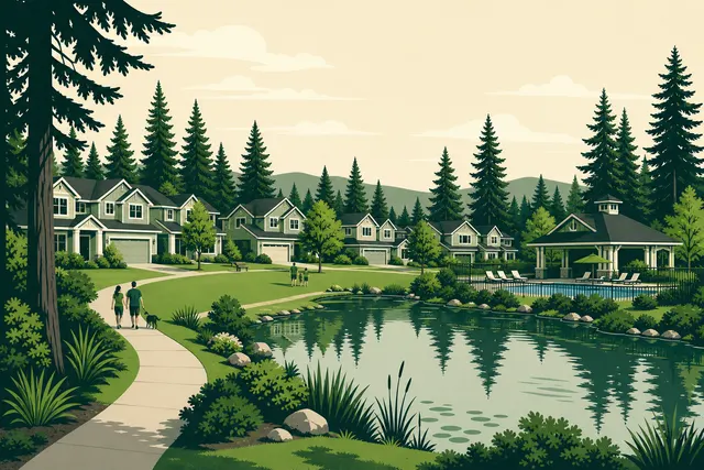 Illustration of Klahanie on the Sammamish Plateau — 1990s planned-community homes around a pond, trail, and pool pavilion ringed by evergreens