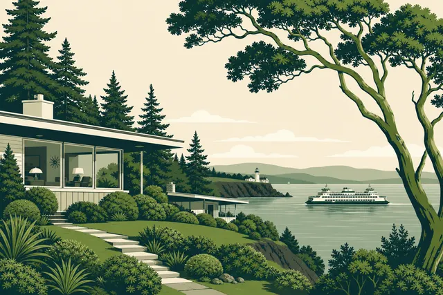 Illustration of Magnolia, Seattle — a mid-century rambler on the bluff above Puget Sound with the Discovery Park lighthouse and a ferry