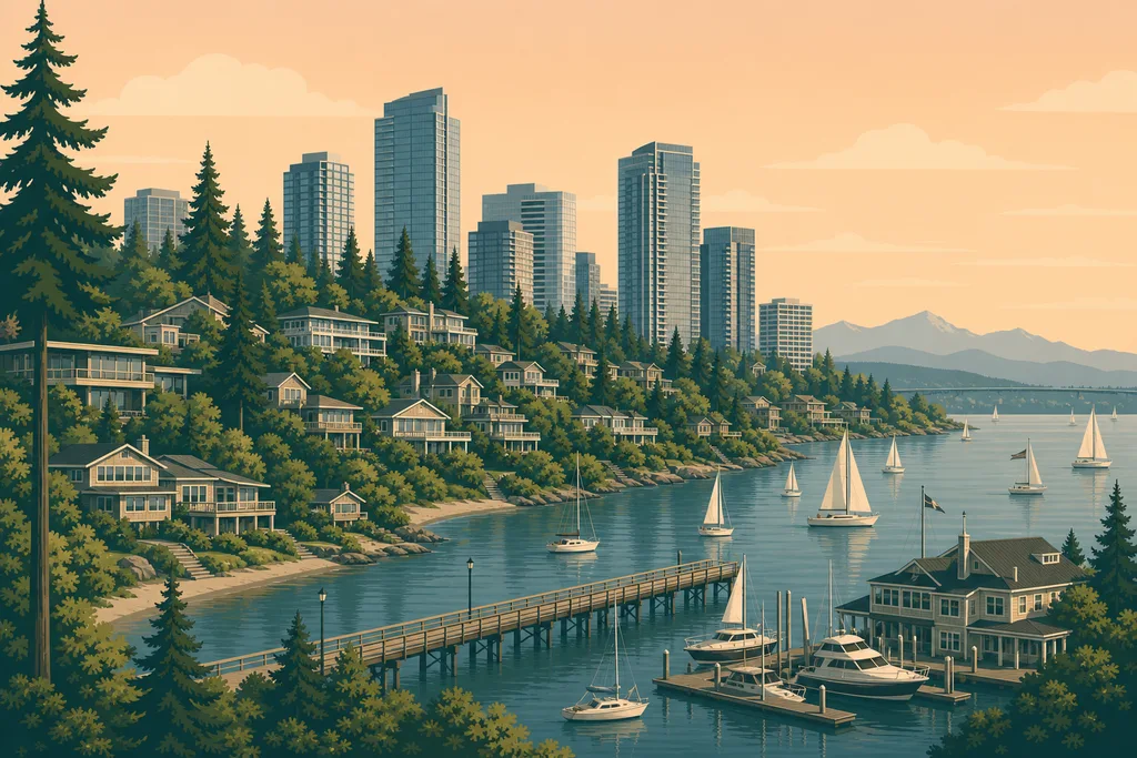 Illustration of Meydenbauer Bay, Bellevue — sailboats and the yacht-club moorage in the bay below cottage-era and view homes, downtown Bellevue towers rising behind