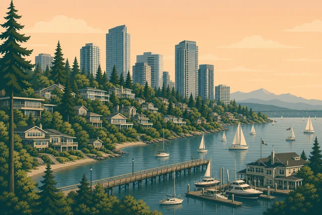 Illustration of Meydenbauer Bay, Bellevue — sailboats and the yacht-club moorage in the bay below cottage-era and view homes, downtown Bellevue towers rising behind