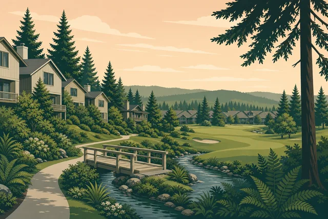 Illustration of Mill Creek Country Club — 1970s wood-sided homes and a footbridge over the creek beside the fairway, trails winding through the evergreens