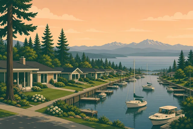 Illustration of Newport Shores, Bellevue — 1960s waterfront homes with private docks along calm canals opening to Lake Washington