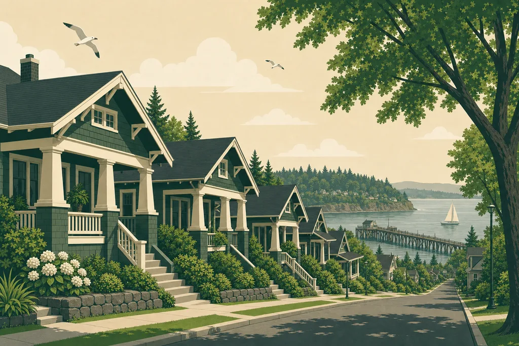 Illustration of Tacoma's North End — Craftsman porches on a street sloping to Commencement Bay, with the Old Town dock and a sailboat below