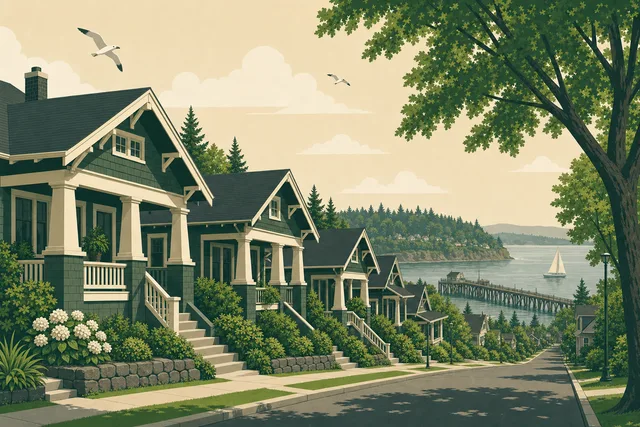 Illustration of Tacoma's North End — Craftsman porches on a street sloping to Commencement Bay, with the Old Town dock and a sailboat below