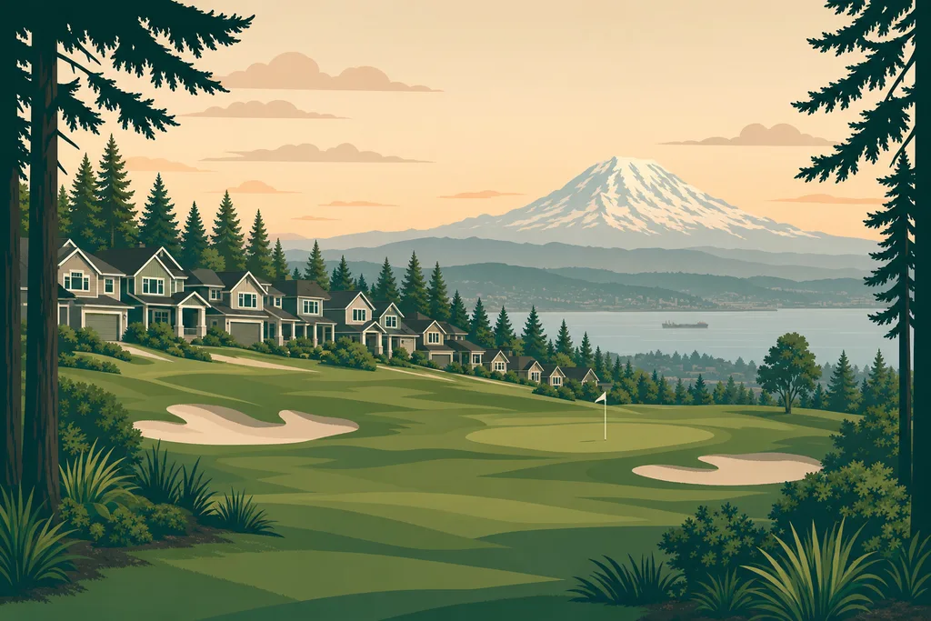 Illustration of North Shore, NE Tacoma — two-story homes along the renovated fairway on the bluff above Commencement Bay with Mount Rainier beyond