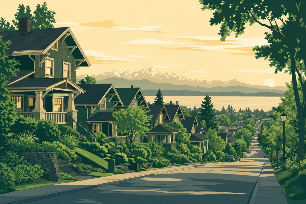 Illustration of Phinney Ridge, Seattle — early-1900s Craftsman homes along the ridge crest with the Olympic Mountains on the horizon