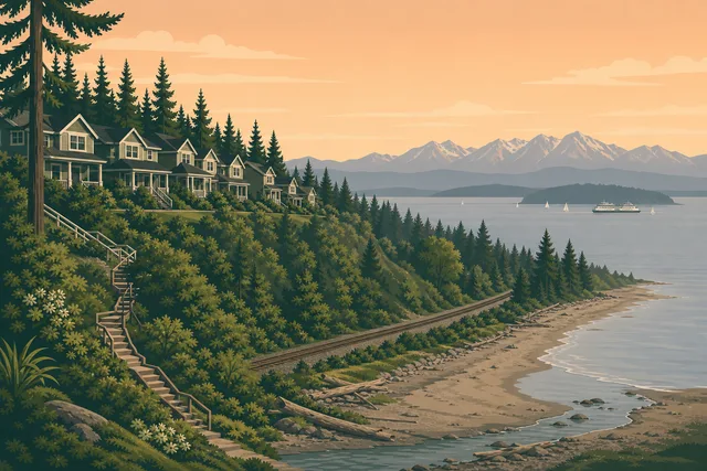 Illustration of Picnic Point — homes on the wooded bluff above the beach stairs, railroad tracks and creek mouth below, Whidbey Island across the Sound