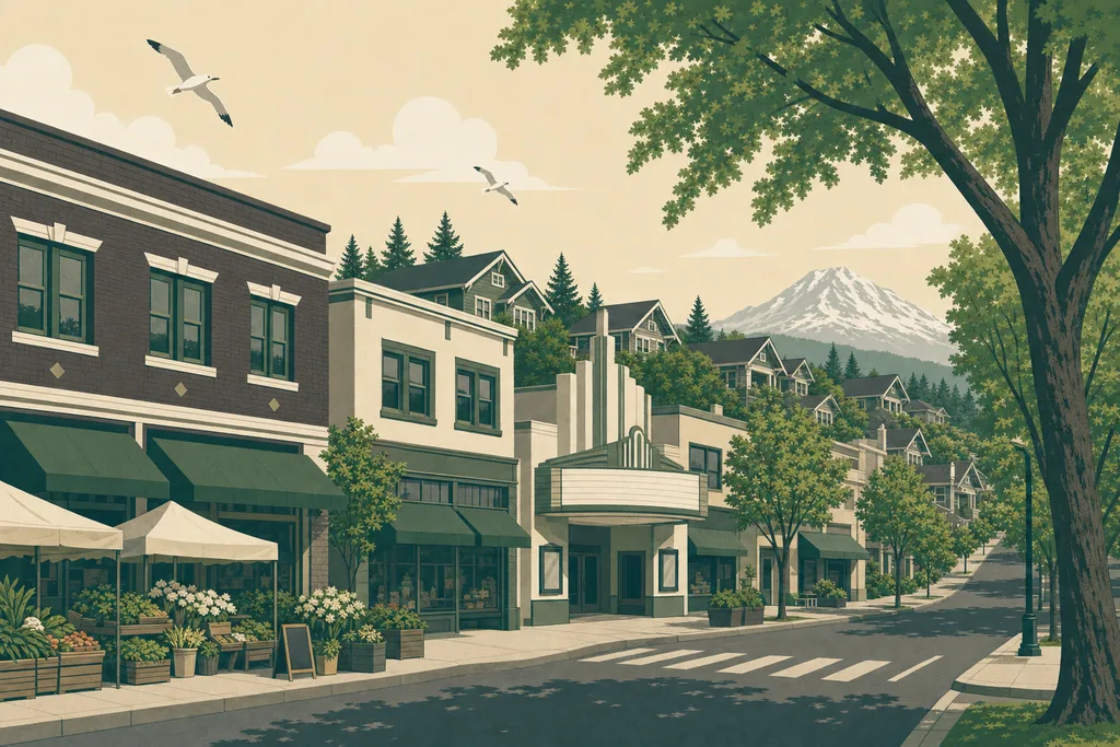 Illustration of Tacoma's Proctor District — 1920s storefronts and a corner theater marquee with farmers-market stalls and bungalow rooftops behind