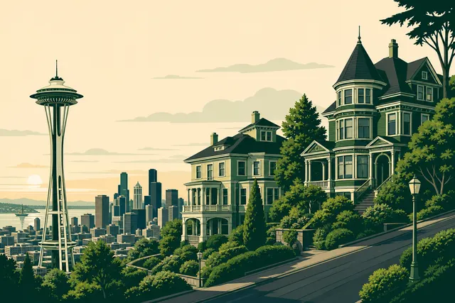 Illustration of Queen Anne, Seattle — grand Victorian homes on the steep hilltop with the Space Needle and downtown skyline below