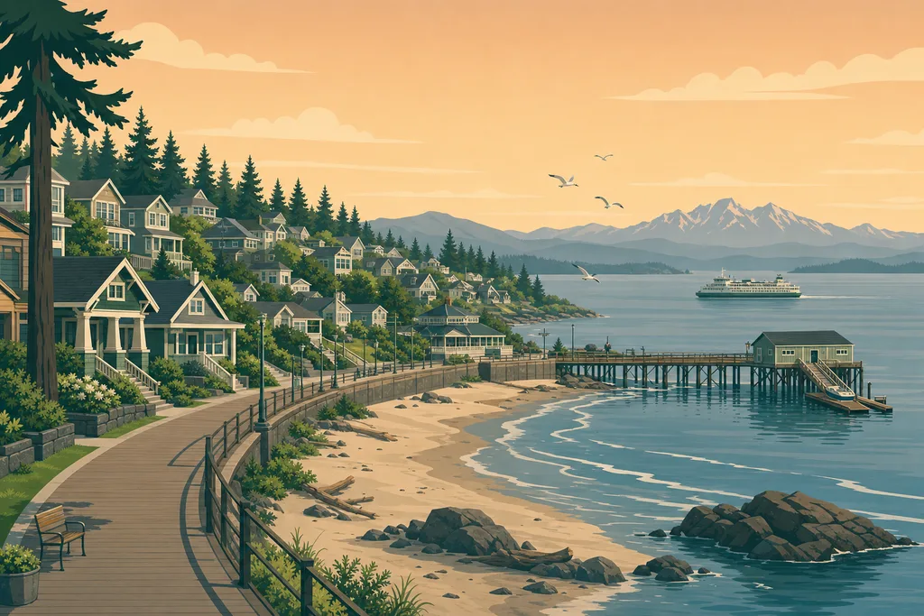 Illustration of Redondo, Des Moines — the boardwalk curving along the beach cove with the fishing pier and boathouse, resort-era cottages on the hillside
