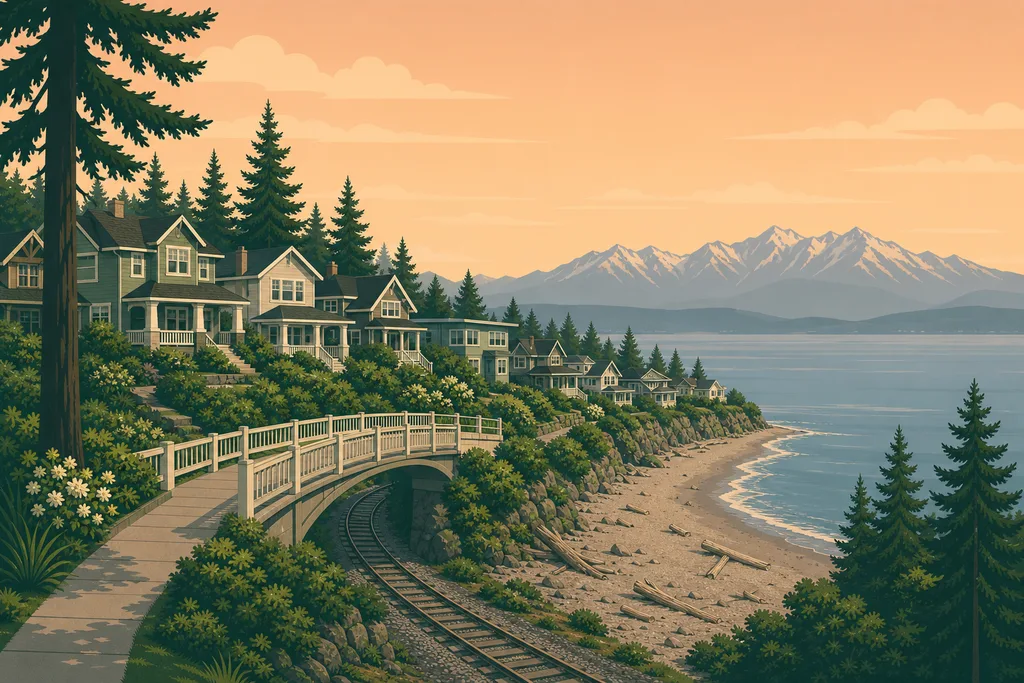 Illustration of Richmond Beach, Shoreline — cottages on the bluff above the pedestrian bridge over the shoreline railroad tracks, driftwood beach and the Olympics beyond