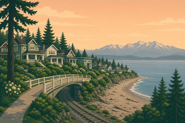 Illustration of Richmond Beach, Shoreline — cottages on the bluff above the pedestrian bridge over the shoreline railroad tracks, driftwood beach and the Olympics beyond