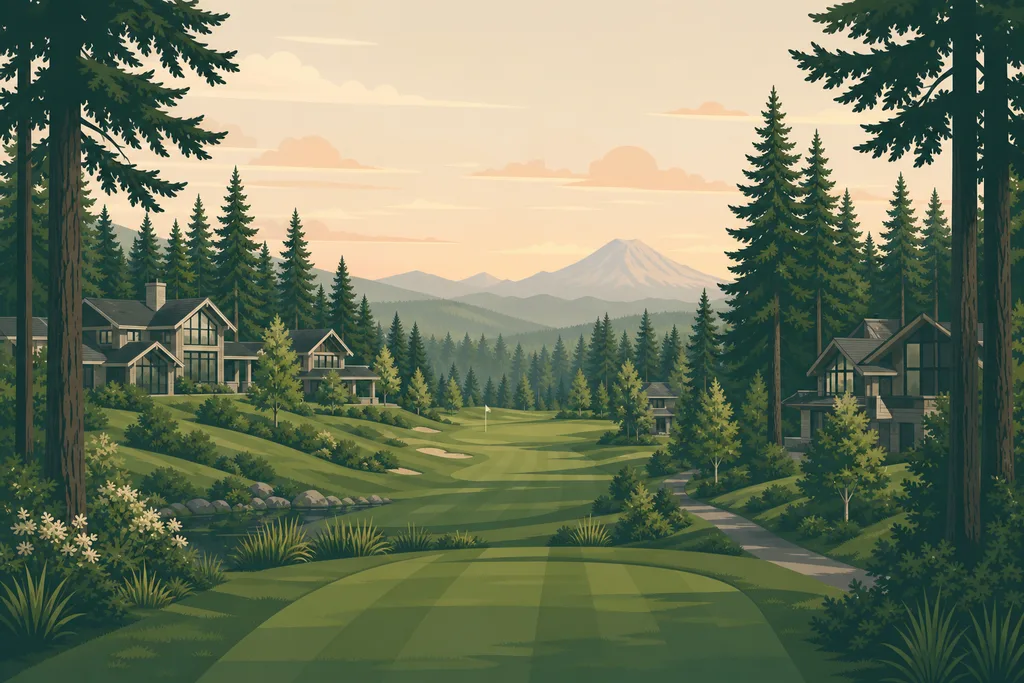 Illustration of Sahalee, Sammamish — cedar-and-glass custom homes along a fir-lined fairway corridor with the Cascade foothills beyond