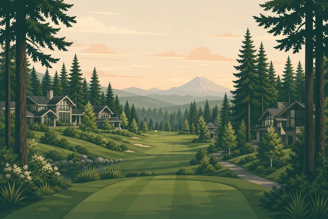 Illustration of Sahalee, Sammamish — cedar-and-glass custom homes along a fir-lined fairway corridor with the Cascade foothills beyond