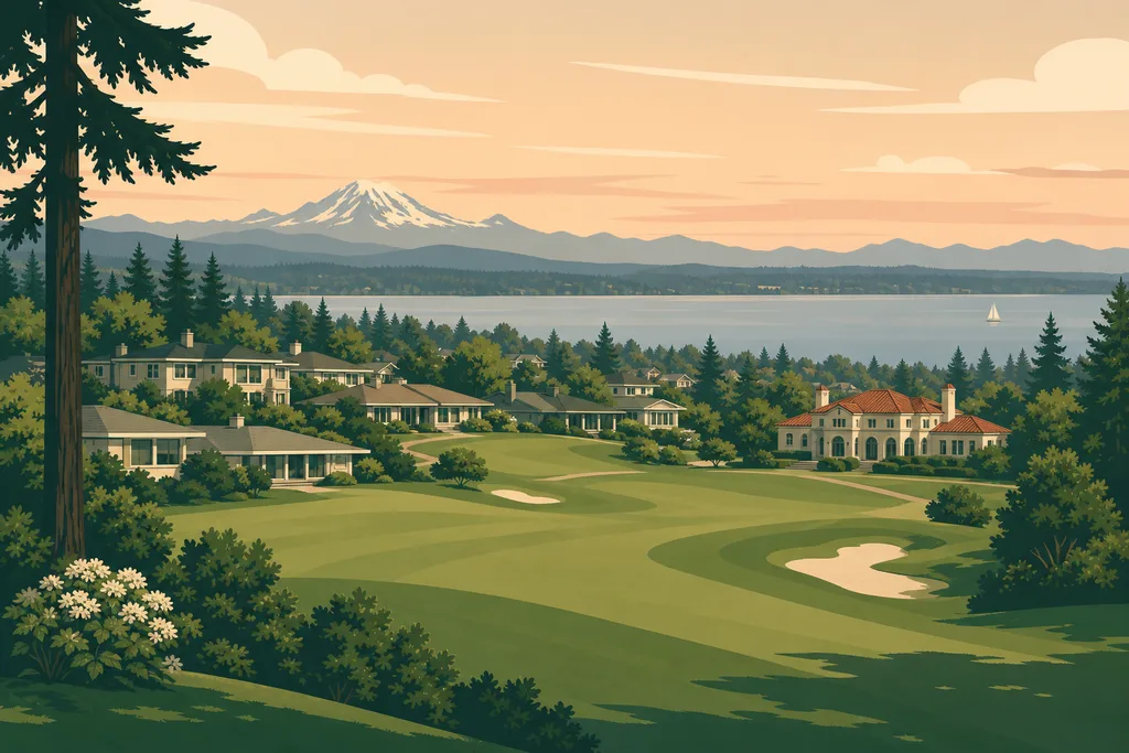 Illustration of Sand Point Country Club, Seattle — mid-century homes and the tile-roofed clubhouse around the fairway above Lake Washington with a sailboat and the Cascades