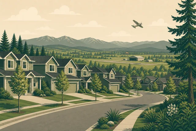 Illustration of Smokey Point, Arlington — 1990s subdivision streets with a small plane overhead approaching the municipal airfield, Cascade foothills beyond