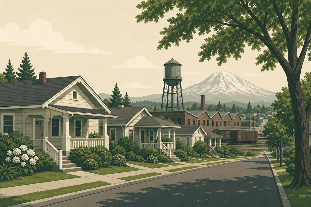 Illustration of South Tacoma — post-war ramblers and worker bungalows with a water tower and old railroad shop buildings, Mount Rainier on the horizon