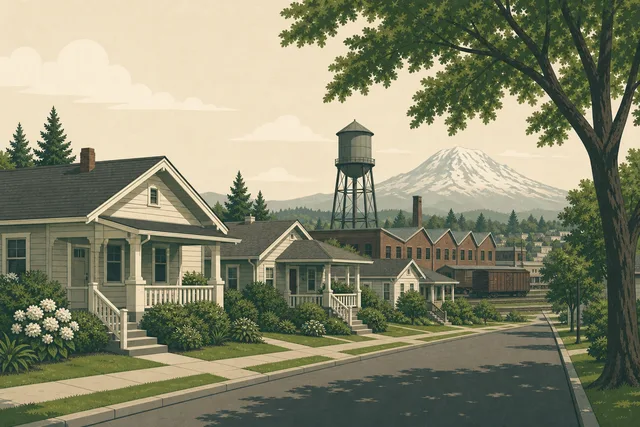 Illustration of South Tacoma — post-war ramblers and worker bungalows with a water tower and old railroad shop buildings, Mount Rainier on the horizon