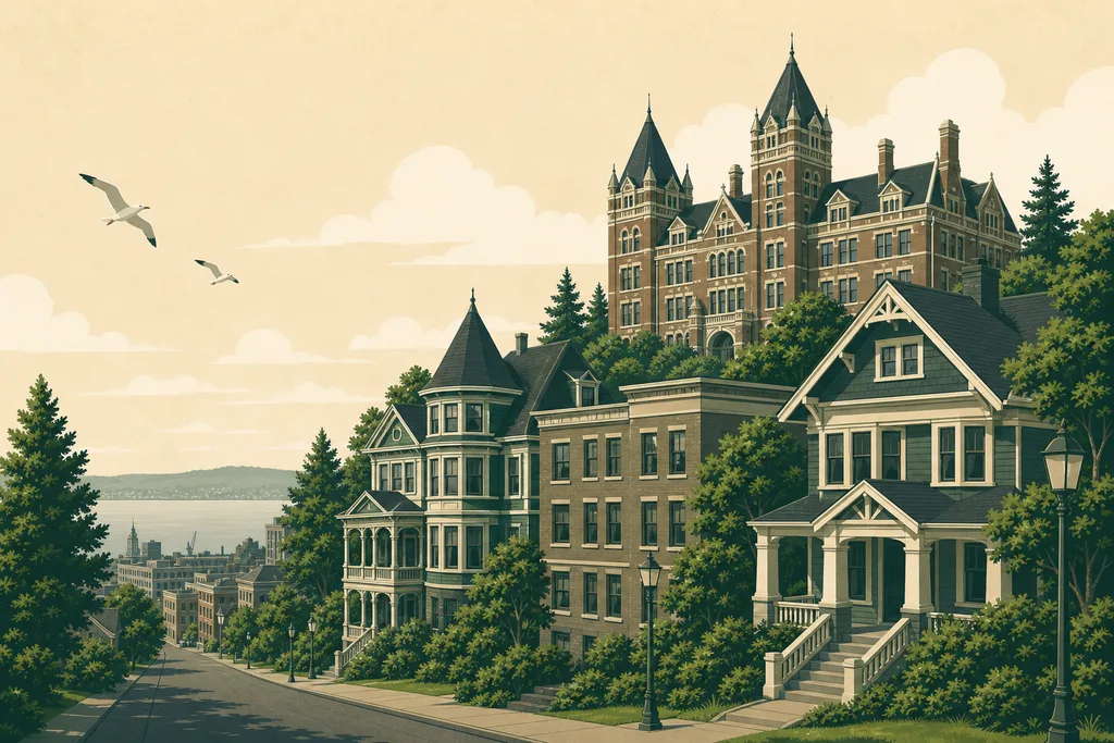 Illustration of Tacoma's Stadium District — the castle-like towers of Stadium High School rising over Victorian homes and brick apartments above Commencement Bay